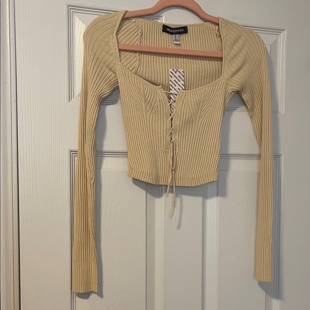NWT Urban OutfittersBeige Lace-Up Ribbed Crop Top